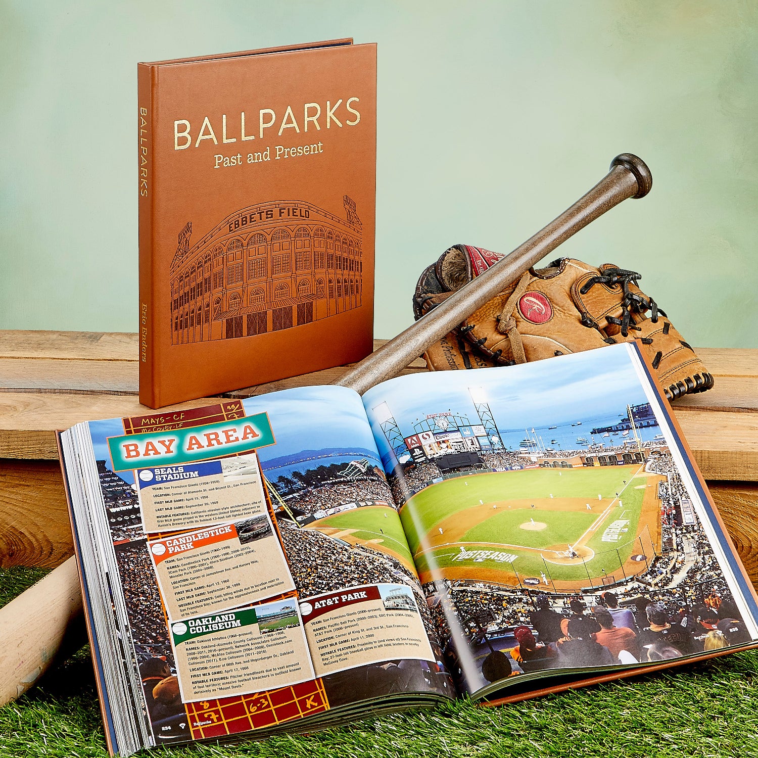 Ballparks Past and Present book with bat and glove