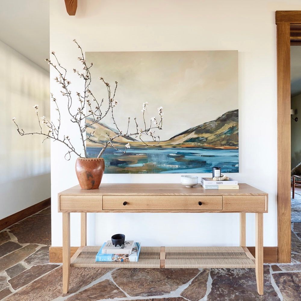 Modern wood sideboard with large potted plant