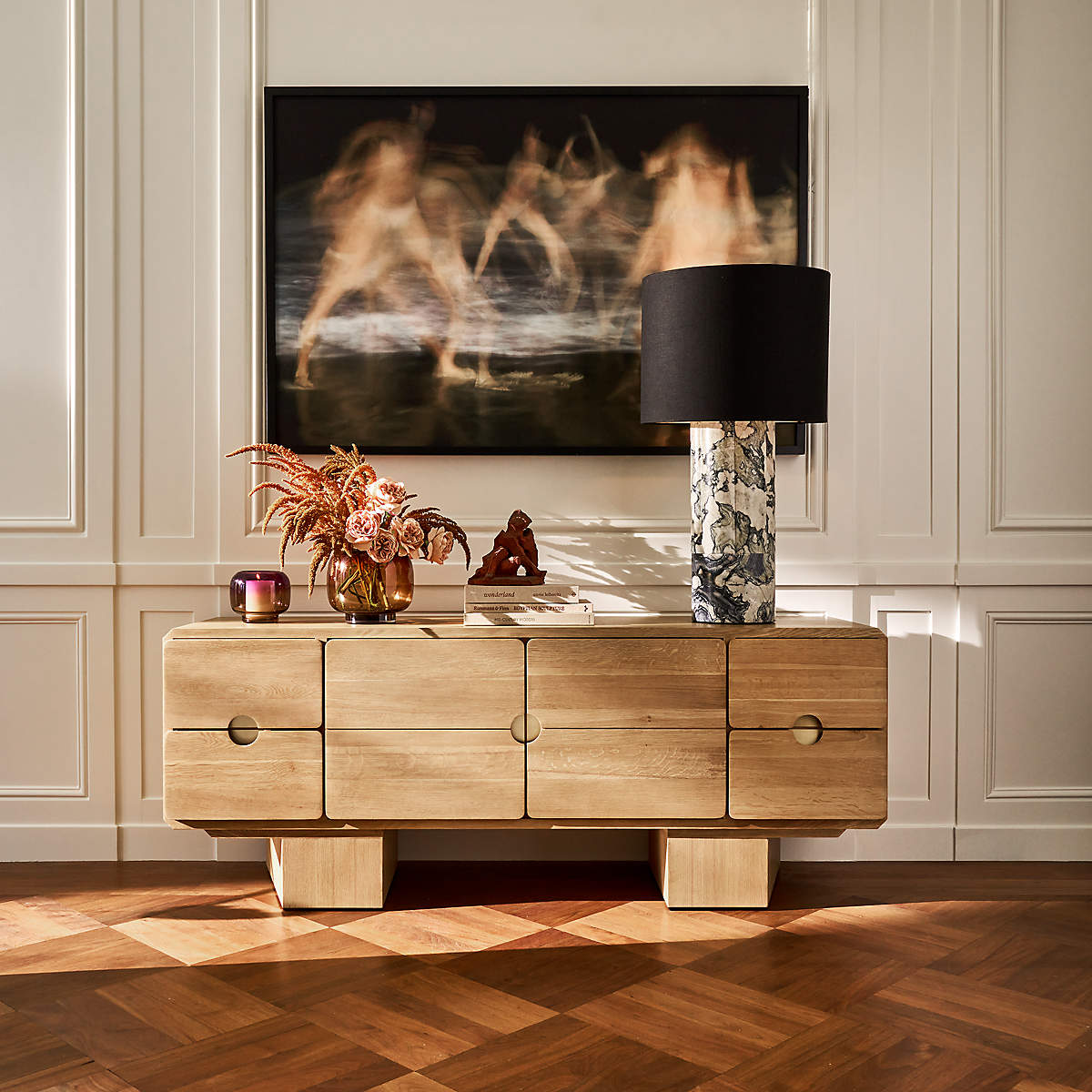 Modern home console table with natural warm materials