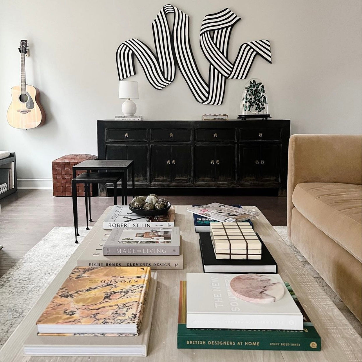 Coffee table books in contemporary living room
